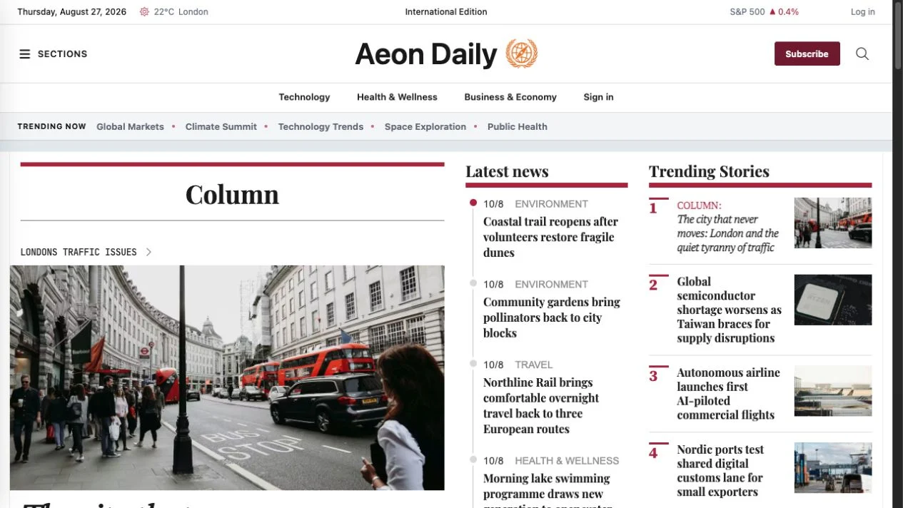 Column archive on Aeon News Demo with a prominent columnist story beside latest news and trending stories.