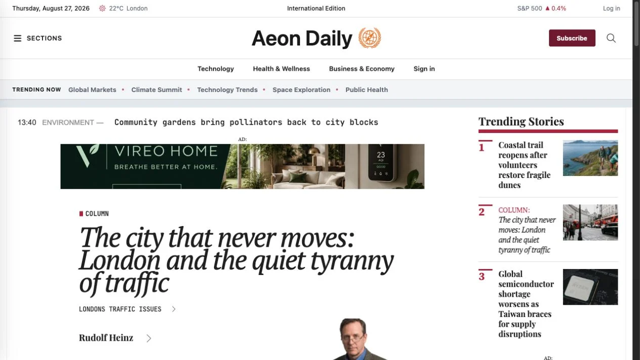Columnist article on Aeon News Demo showing the column label, alternate headline typography, topic, author and portrait.
