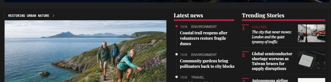 Aeon News Demo showing the main feed, latest news and popular stories in a fixed editorial hierarchy.