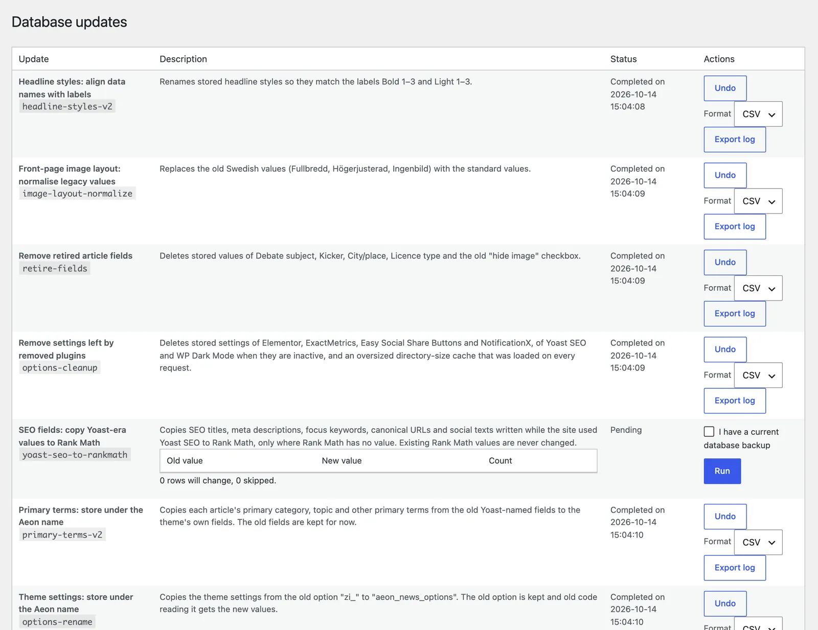 The Database updates screen with each update's description, status, and buttons to undo or export the log.