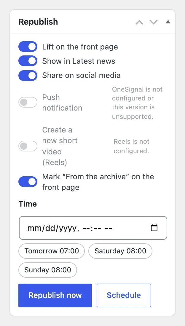The Republish box with switches for front page, Latest news, social media, push, a new short video and the archive label, and a time picker.