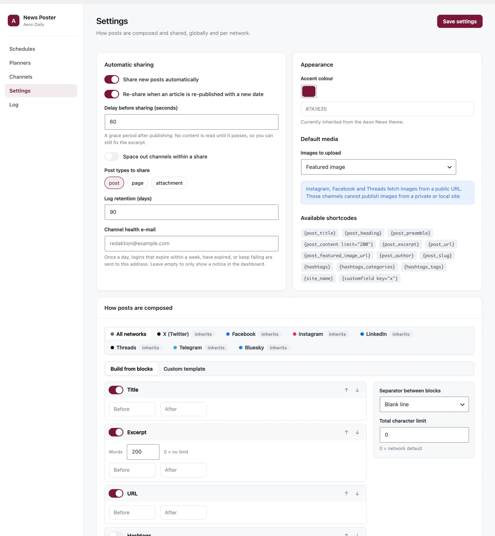 Aeon News Poster settings with default share text, delay and channel health e-mail.