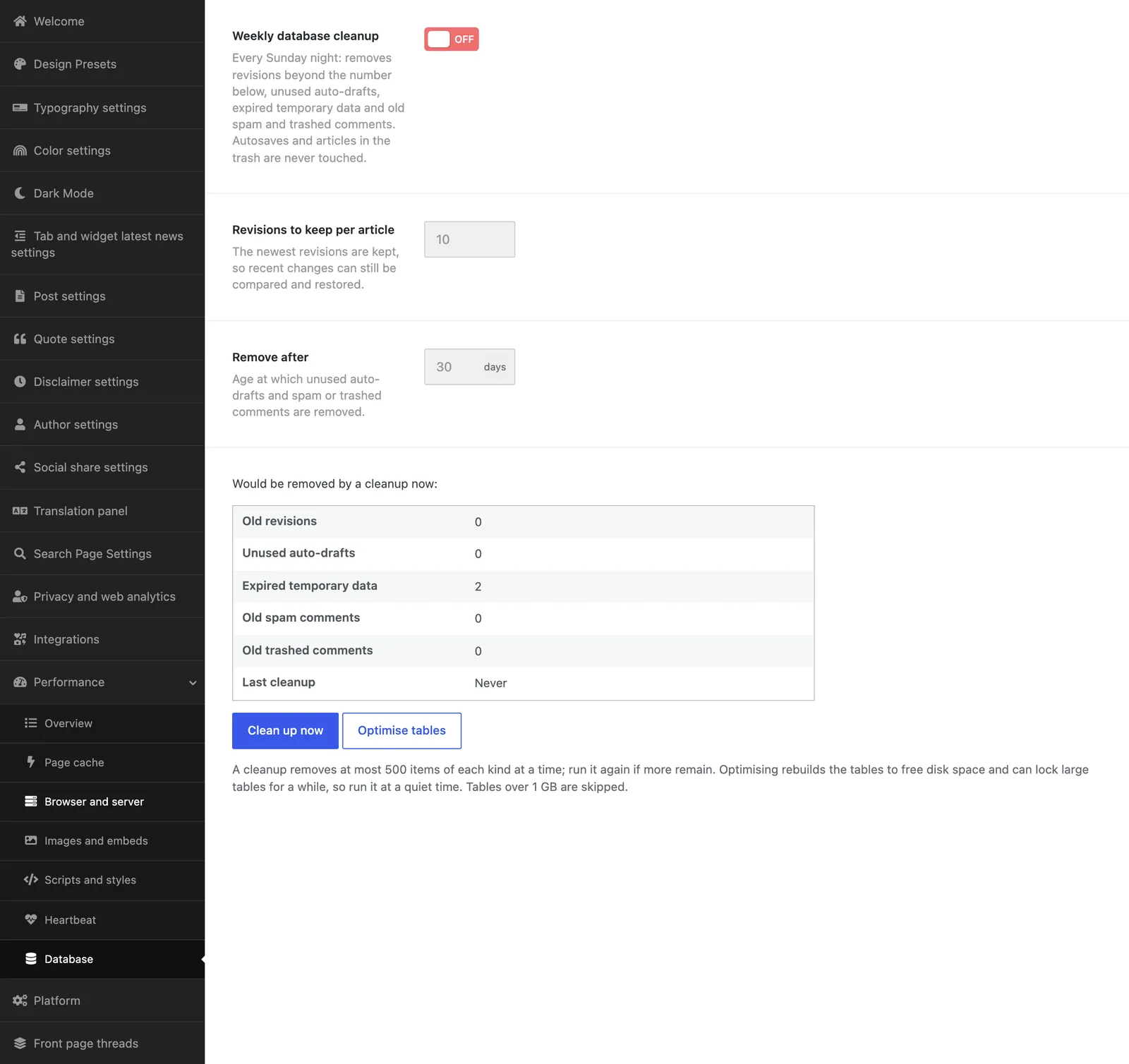 The Database tab with weekly cleanup, revisions to keep, a table of what a cleanup would remove, and Clean up now and Optimise tables buttons.