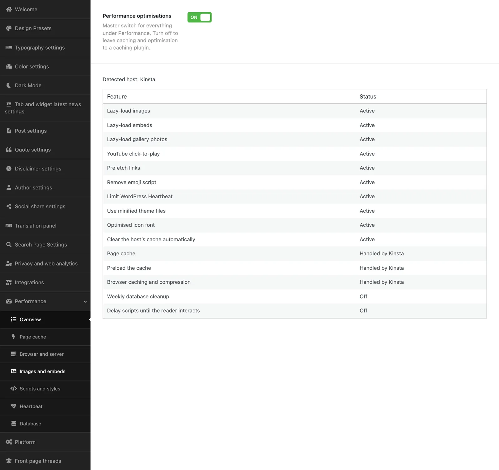 The Performance overview with the main switch, the detected host and a table of features and their status.