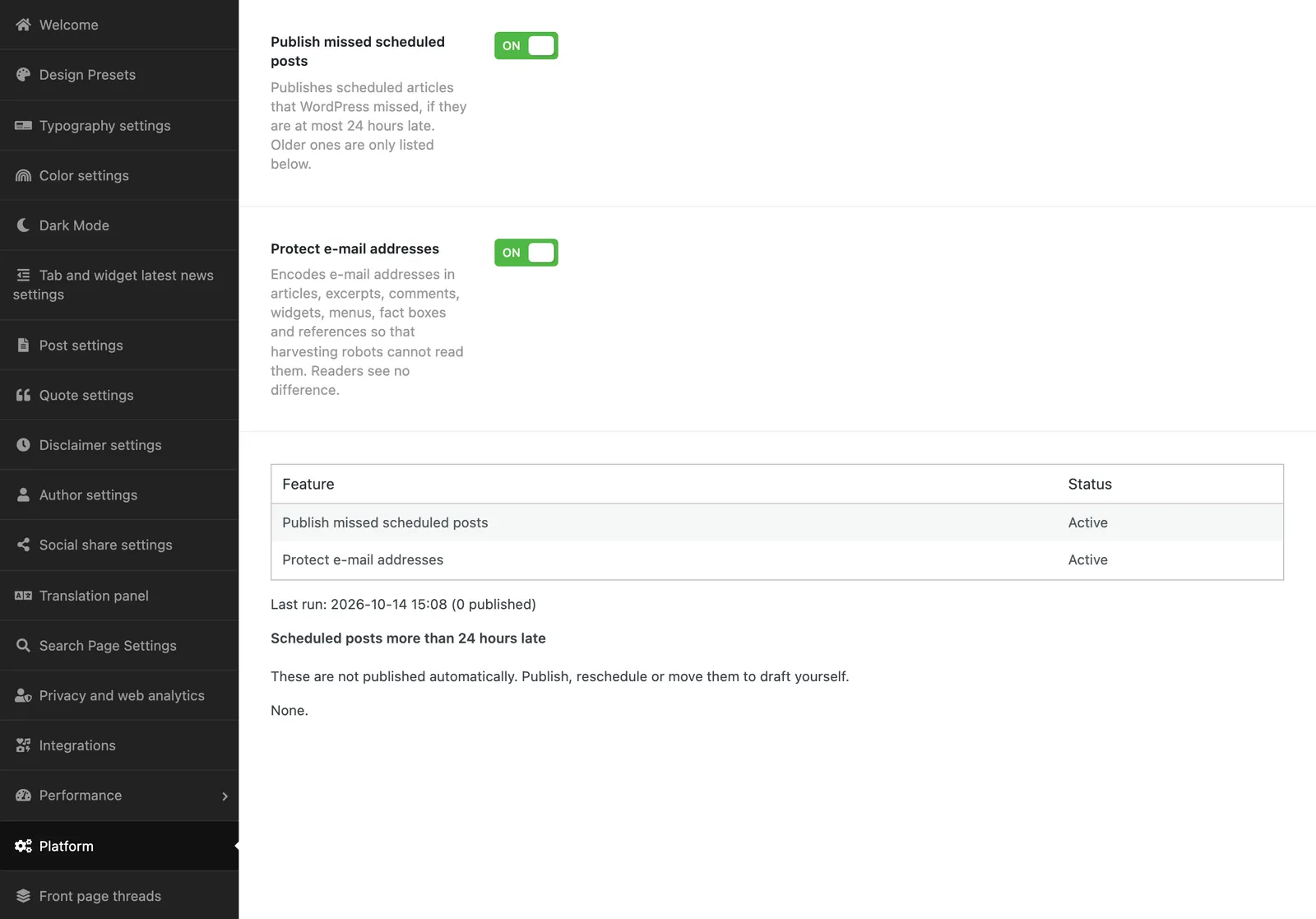 The Platform section with Publish missed scheduled posts, Protect e-mail addresses and a status table.