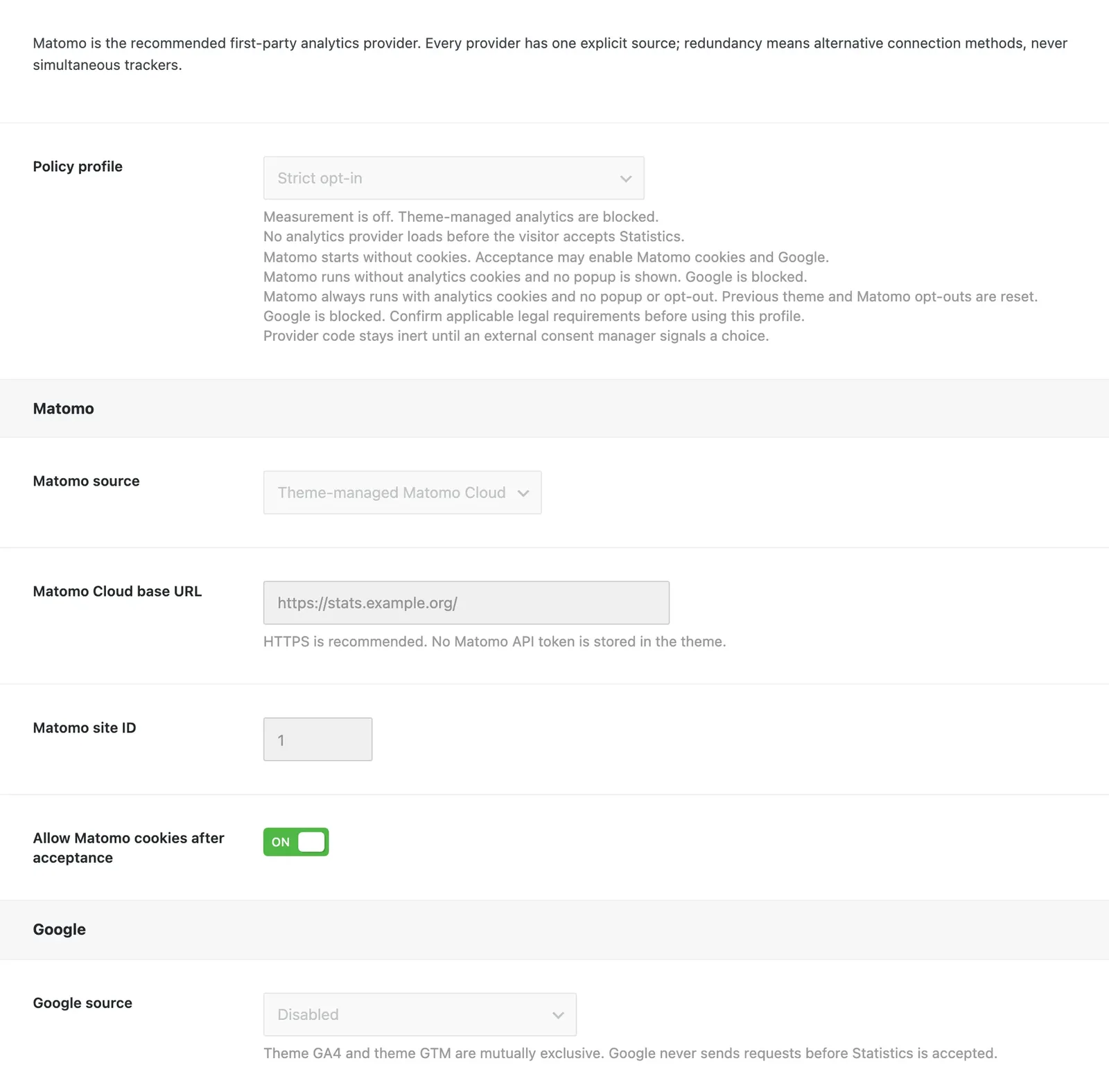 Aeon News Options › Privacy and web analytics with Policy profile, Matomo source, Matomo Cloud base URL, site ID and Google source.
