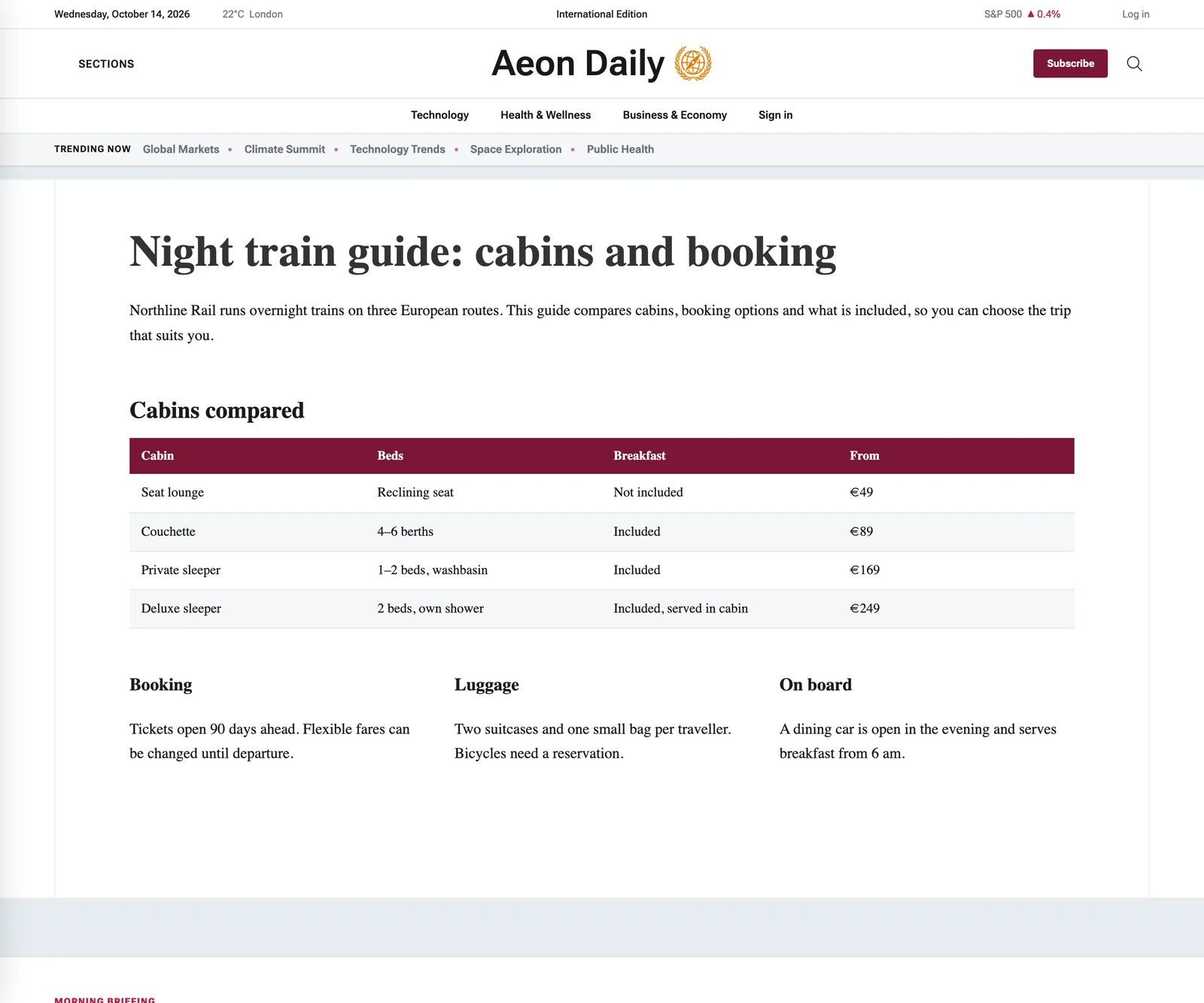 A wide page on the Aeon Daily demo site with an introduction, a comparison table and three columns.