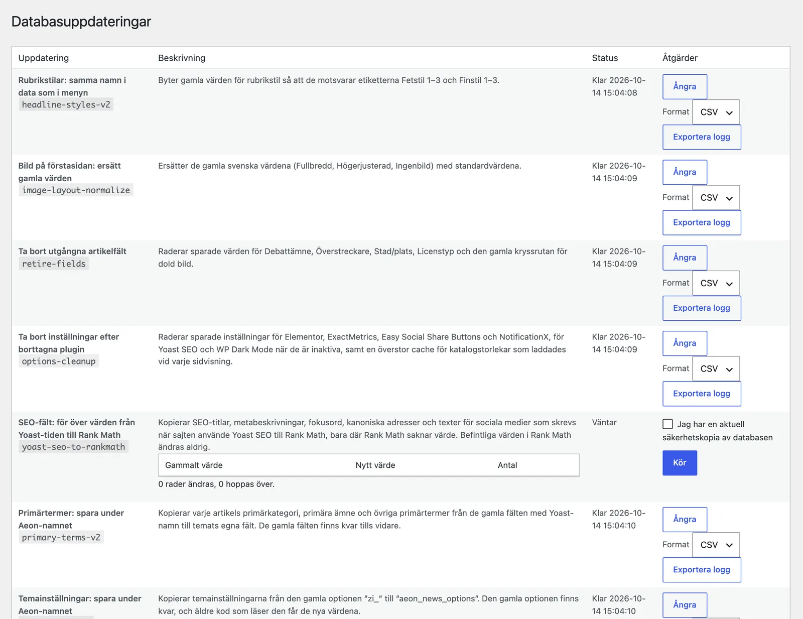Sidan Databasuppdateringar med varje uppdaterings beskrivning, status och knappar för att ångra eller exportera loggen.