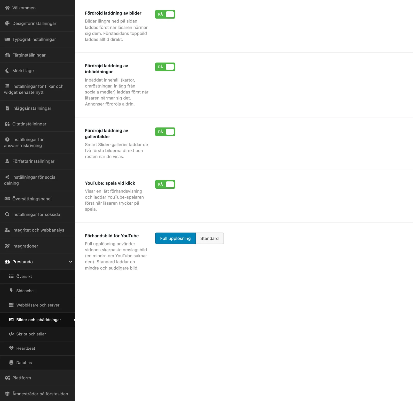 Bilder och inbäddningar med fördröjd laddning av bilder, inbäddningar och galleribilder samt YouTube vid klick.