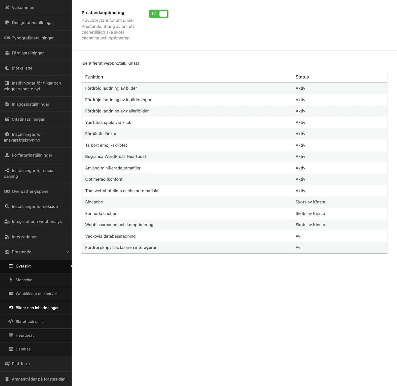 Översikten under Prestanda med huvudbrytaren, identifierat webbhotell och en tabell med funktioner och status.