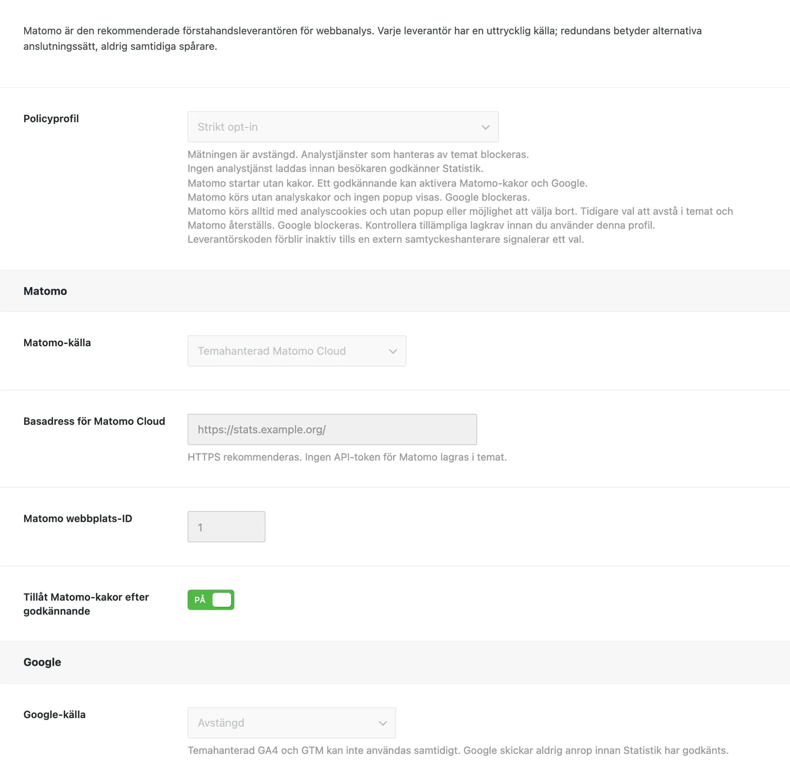 Aeon News-inställningar › Integritet och webbanalys med Policyprofil, Matomo-källa, basadress för Matomo Cloud, webbplats-ID och Google-källa.