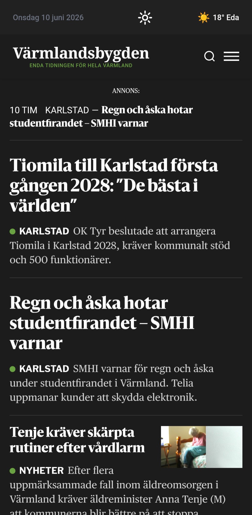 Värmlandsbygdens mobila förstasida i mörkt läge, driven av Aeon News